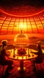 Placeholder: full shot of happy dandys drinking in a floating glass dome, dreamlike atmosphere, in the background the landscape burns like hell, in the style of man ray