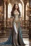 Placeholder: Fullbody excellent pose gorgeous photography art,cinematic realistic colors,soft blur ,natural beauty, of young woman, smiling, beautiful, shiny grey eyes, make up,Queen Persian style, shiny baubles, ornate, large gemstones, shiny molten metalics, shiny wire filigree, brown hair, high definition, walk in luxury castle