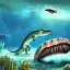 Placeholder: beautiful, stunning paleoart of mosasaurus attacking underwater prey, coral reefs, plants, wide-angle lens, in the style of eleanor kish, davide bonadonna, julius csotony, fabio pastor, Jurassic Park photorealistic, illustrative, digital art, 8k resolution, detailed matte, painting, artwork, masterpiece