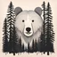 Placeholder: M shaped bear head surrounded with lots of woods silhouette in background, letterpress style, minimalistic pencil art