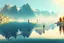 Placeholder: Sunny day, distant modern city, lake, lake reflections, people, mountains