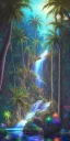 Placeholder: Triipy rainbow turquoise neon waterfall with palm trees sparkling at night in a cave detailed realistic glowing