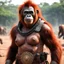 Placeholder: the Orangutang Queen smiles, ready to fight, in dust, rust and blood, her body is covered with cartridge belts