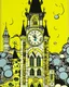 Placeholder: A pale greenish yellow glimmering castle with clocks and hourglasses painted by Roy Lichtenstein