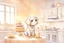 Placeholder: birthday cake, chibi dog in a beautiful kitchen, heart and love in the sunshine, watercolor and black ink outlines, sparkling golden glitter, ethereal, cinematic postprocessing, bokeh, dof