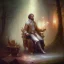 Placeholder: romantic fantasy spray painting, william Turner, close up on blonde robed poet holding bow and arrow sitting on throne, loosing torch in magical forest with marble throne