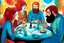 Placeholder: whimsical colorful cartoon ink and tint, 4 people sitting conversating at table, semi overhead view, relaxed, social, various drinks, glasses, bottles on table, 2 men with black beards, 1 woman with red hair in elegant dress, another man with blue hair listening. The background features abstract shapes and muted pastel colors, whimsical vibe, neanderthal influence