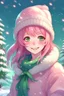 Placeholder: cute anime girl, wearing classic Christmas hat, smiling, green eyes, medium pink hair with purple gradient, Christmas background with trees and lots of snow