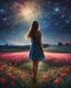 Placeholder: girl standing from behind, night, stars, beautiful painting, field, beautiful girl, dream, summer, shining stars, beautiful flowers, 8k