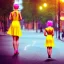 Placeholder: Beautiful lonely girl who walks along a street without people at dawn. You see her from behind. She wears very short yellow dress. She has short pink hair with glowing crystals. Full body, 8k resolution concept art. Professional Photo HD. Stylish. Warm vivid colors. Panoramic