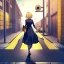 Placeholder: anime girl walking down a yellow brick road, shooting a recurve bow with arrow , road signs, arrows, direction into the street, back facing,detail on yellow bricks