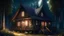 Placeholder: fantasy charming wooden house near a dark forest