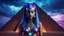 Placeholder: Hyper Realistic Photographic-View of a Beautiful-Alien-Cleopatra with glowing-blue-hair-&-devilish-eyes standing outside her pyramid with purple-cloudy-sky at dark-rainy-night dramatic & cinematic ambiance