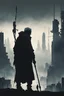 Placeholder: I'd like an old man dressed in rags and partially cyberized holding staff, silhouette with his back turned looking at a dystopian city from extreme distance, giant advertising, evoking feelings of loneliness