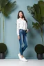 Placeholder: simple background a beautiful young lady wearing jean pants and blue blouse full body standing pose,sport shoes