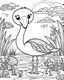 Placeholder: create a 2d black outline, "safari smiling cartoon flamingo coloring book for toddlers", coloring page, low details design, black contour, coloring page design, simple background, colorful , card style, coloring page for kids, white background, sketch style, safari landscape, cartoon style