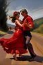 Placeholder: An oil painting of two lovers bumping into each other on the road and exchanging glances, and around them bells wearing a red dress and holding her by the waist