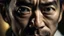 Placeholder: Extreme close-up portrait of a 45-year-old Japanese man holding a Noh mask partially in front of his face, tied hair, soft dramatic lighting, piercing gaze visible between mask and face, neutral background, reinterpretation of traditional ukiyo-e painting style.