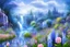 Placeholder: grandes fleurs bleues,blanches,roses en premier plan, herbes fleuries, arbres blans et roses, espace d eau avec cascades