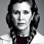 Placeholder: realistic analog style photography, Beautiful photorealistic close up face of carrie fisher, soft ethereal skin, symmetrical hairstyle,studio lighting, sharp brown eyes, dark plain background