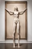 Placeholder: a tall slender woman is standing in front of a large white picture frame displayed on the wall of an art gallery. The frame is traditional in style but looks like and has the texture of white clay. Her arms are outstretched like da vinci’s vetruvian man, and the length of her arms and body corresponds to the width of the picture frame. Her feet are perched on a surreal small shadow rock and it looks like she is floating above calm water. The picture is without canvas but an abstract landscape em