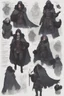 Placeholder: A dnd character sheet. A woman dressed for the cold north dressed in dark furs, with black hair. Death cleric wearing a mask, female woman girl