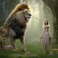 Placeholder: Young beautiful girl wearing floral crown with a stunning lion on nature forest path, Chronicles of Narnia, 8k resolution, high-quality, fine-detail, iridescent, intricate, digital art, detailed matte, volumetric lighting, beautiful, illustration, 3D octane render, brian froud, howard lyon, selina french, anna dittmann, annie stokes, lisa parker, greg rutowski,