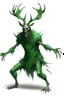 Placeholder: wendigo green fur with deer skull covering head and face, fingers ending in claws with long arms reaching knees which bend backwards, eyes that are sunken back, full body image