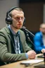 Placeholder: A simultaneous translator of Slavic appearance sits at a table with headphones on at a briefing and translates into a microphone, in a large hall, there are a lot of people around, the background is blurred, everything is in pastel light colors