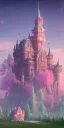 Placeholder: Ice cube shaped castle. pink houses, pink sky, pink smoke, trees, outdoors. street.