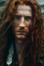 Placeholder: wet pirate nereid male with freckles and seaweed highlights in long auburn hair