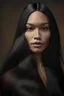 Placeholder: a mixed-race mulatto female with long straight black hair, charming , gray and amber