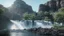 Placeholder: Sunny day, Epic waterfall landscape, rocks foreground