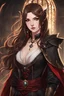 Placeholder: A portrait headshot of a confident looking young woman with pale skin and long brown hair in a dark fantasy setting with intricate details. She is a mage wearing black and read leather, has blood-red eyes, an air of malevolent power surrounds her. Anime style. High definition.