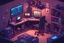 Placeholder: isometric, video game, cyberpunk, work room, desk, computer, comic book art style, night time,