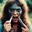 Placeholder: [vintage style noisy scratches glitches, Shot the texture and then rewound the film and double exposed the face] 1970s angry Hippie warrior woman with a knife gripped tightly in her hands fighting Alien liquid saliva monster. Face to face: Its drooly, drooling head looms dangerously close to her pretty face, dripping with acidic saliva. the world emits eerie, otherworldly sounds that reverberate through the liquid landscape.