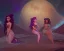 Placeholder: Three mermaids on the moon are painting stars watching from above how an Arabian princess with red long thick curly hair is dancing to the sky in a long withe dress with golden ornaments