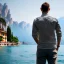 Placeholder: Man from behind is watching on tbe Lake Garda in Italy