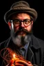 Placeholder: Man with a wire in his hand, hardrocker, glasses, hat, little beard, firestarter