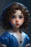 Placeholder: girl with curly brown hair. She is small and has big, bright eyes, which often express her curiosity and innocence. Her outfit is generally simple, consisting of a blue and white dress, with a white blouse underneath and silver shoes crying