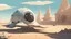 Placeholder: Small, sleek cargo spaceship, built like a teardrop, landing in a wide empty ruined alien street, blue sky