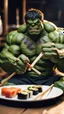 Placeholder: a hulk eating sushi with chopsticks, photo, 8K UHD,