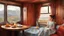 Placeholder: (masterpiece, best quality), 1girl, Carnelian Textured Quiff with Tapered Sides, big breasts, train roomette, bunk bed, pajamas, looking out the big window, breakfast on table, wooden wall