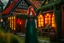 Placeholder: Full body shot of a tall slim pretty, red-headed young female witch, casting magical glowing symbols into the air, dressed in a long flowing green dress, standing in front of a row of cottages and shops with thatched roofs