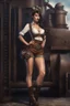 Placeholder: Photorealistic full-height photo of a fantasy skinny pin-up girl in steampunk shorts with long, dark hair