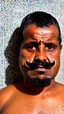 Placeholder: strong stocky marocan with chevron moustache 40 years old under the shower, hands over the head, big tights, wet, in an old bathroom, misery and poverty, photorealism, 35mm lens, ultra detailed, extreme close up photo