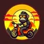 Placeholder: Monkey riding a scooter motorcycle with sunglasses and a big smile, have a mountain sunset on the background, make a round logo