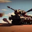 Placeholder: a titan, destroying a tank squadron, during a war in a desert