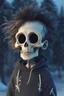 Placeholder: a cute animation boy, skateboarding , trendy hoody, 8 k, tim Burton skeleton style from the movie "night before Xmas", realistic animation, gothic