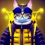 Placeholder: Cat toddler, steampunk headphone, sunglass, gangsta neckless, full body, yellow puffer jacket, tokio background, dramatic lighting, hyper realistic, unreal engine 5, 16k